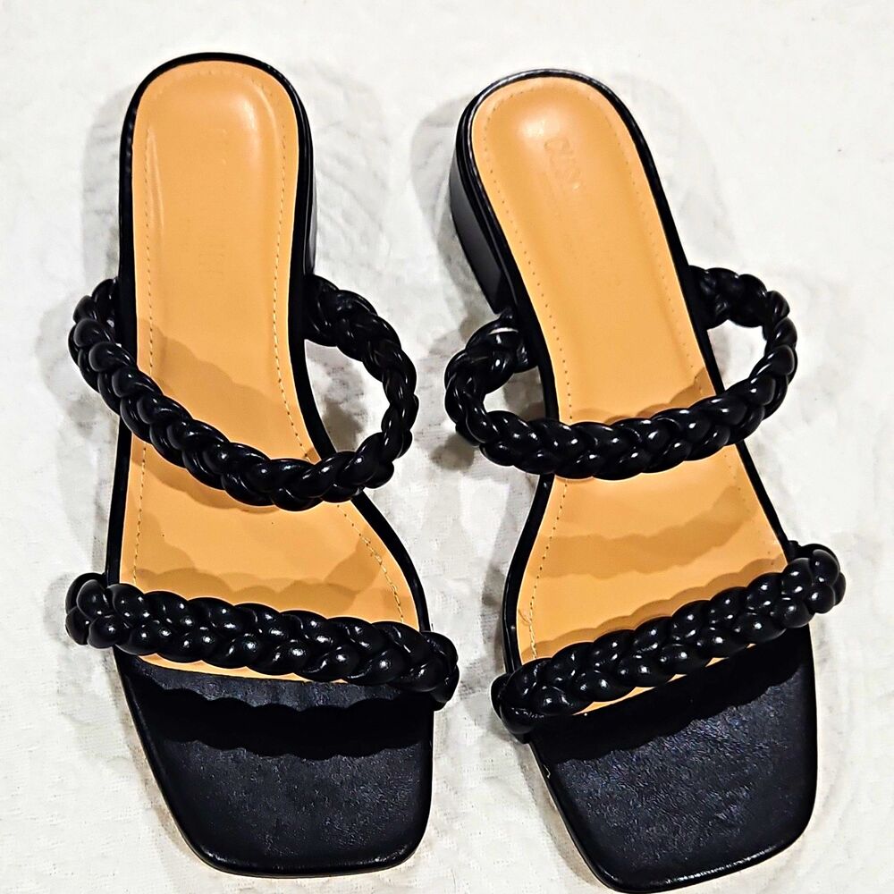 CUSHIONAIRE Women’s Black Braided Strap Block Heel Sandals Memory Foam